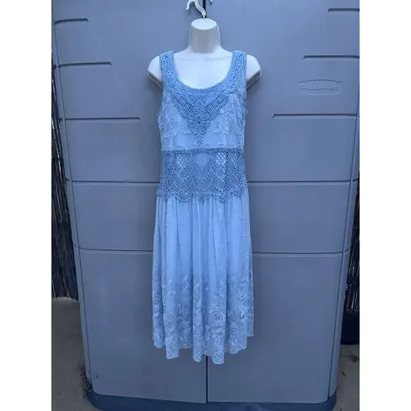 SUNDANCE Love Always Blue Lace Overlay Midi Dress Sz 6 Beach Coastal Romantic - Picture 2 of 14